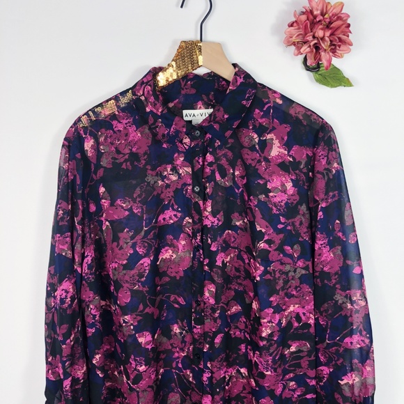 [AVA & VIV] Floral Button Up Tunic Top - Picture 2 of 8
